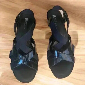 White Mountain black Patent-look slip-on sandals size 8M. 2” heels.